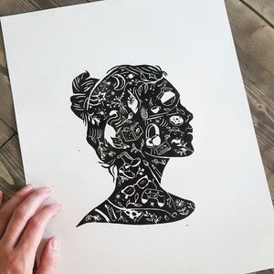 Handprinted “Inner thoughts” black ink art print ✨